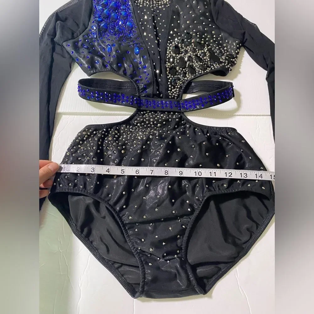 Glamour Adult LA Solo Dance Costume Black Blue Mesh Sleeve Contemporary Jazz